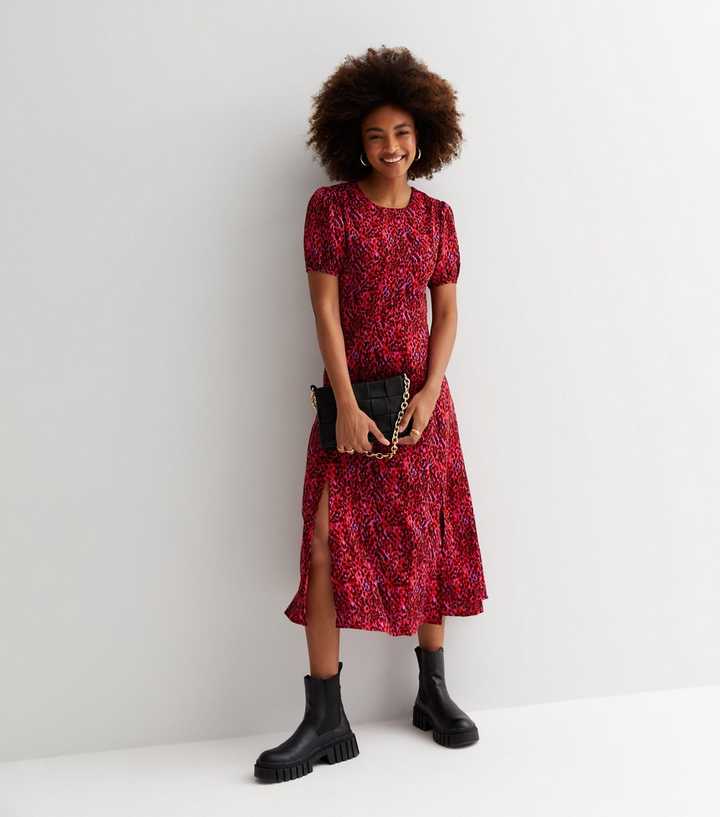 New Look Dress 6 Womens Animal Print Midi A Line Red Smock Shirred