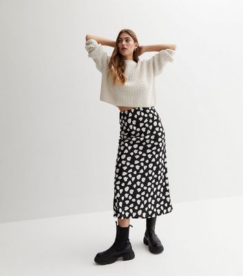 Black Abstract Spot Bias Cut Midi Skirt