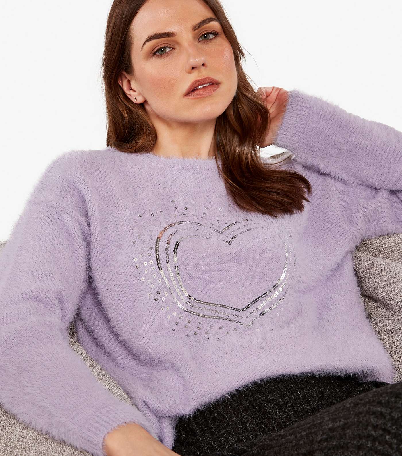 Apricot Lilac Fluffy Knit Sequin Heart Jumper Image 2