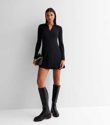 Black Ribbed Jersey Collared Long Sleeve Mini Dress