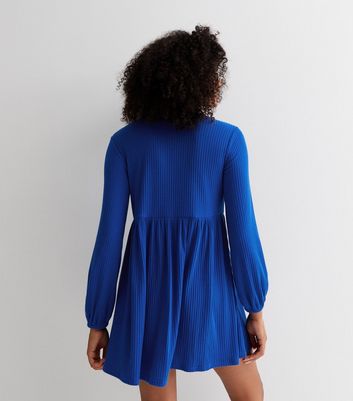 Bright Blue Ribbed Jersey Long Puff Sleeve Mini Smock Dress New Look