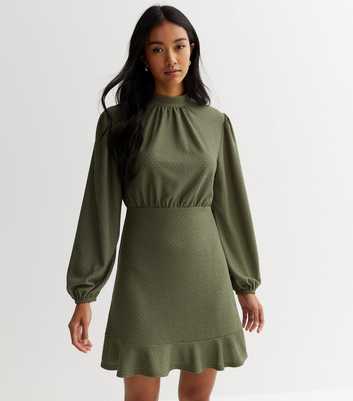 Khaki Crinkle Jersey High Neck Mini Dress
