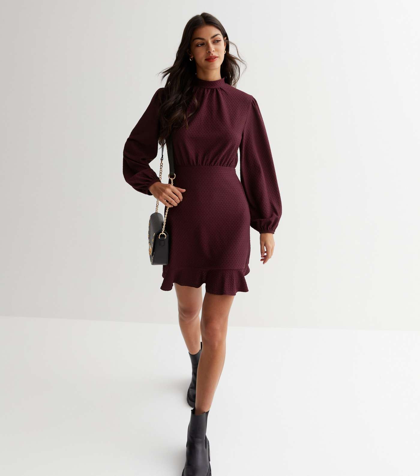 Burgundy Crinkle Jersey High Neck Mini Dress