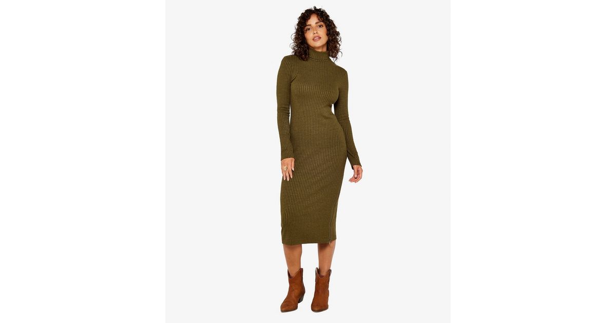 Apricot Olive Ribbed Knit Zip Side Midi Bodycon Dress New Look