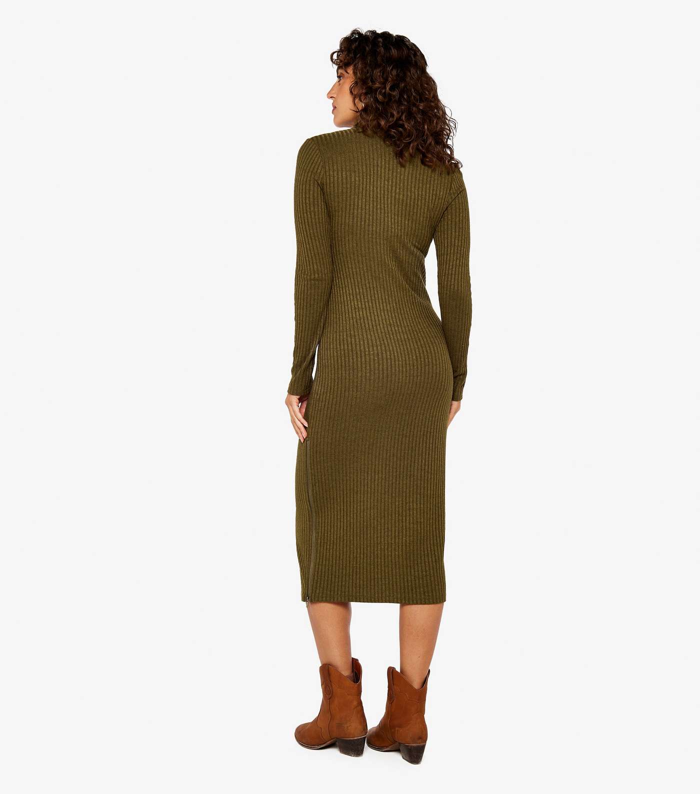Apricot Olive Ribbed Knit Zip Side Midi Bodycon Dress Image 3