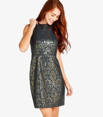 Apricot Teal Metallic Floral Jacquard Mini Shift Dress New Look