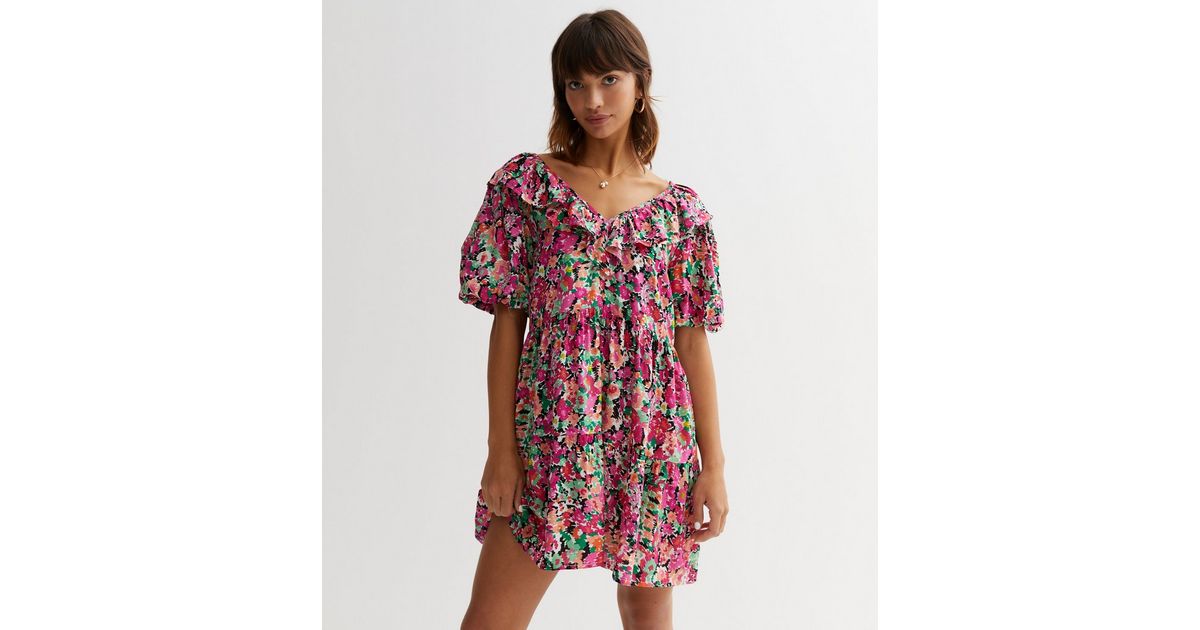 Pink Floral Frill Puff Sleeve Mini Dress | New Look