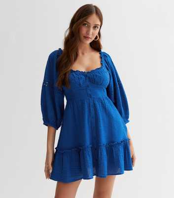 Bright Blue Textured Milkmaid Mini Dress