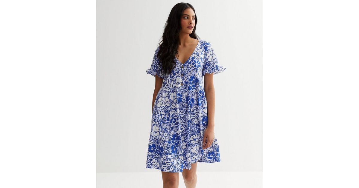 Blue Floral Button Front Mini Smock Dress | New Look
