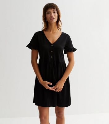 Black Cotton Frill Button Front Mini Smock Dress New Look