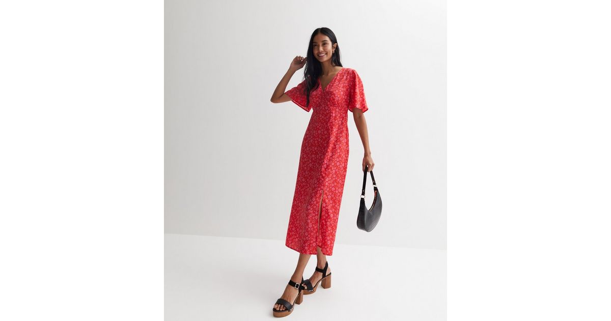 Floral Long Sleeve V-Neck Split Midi Dress Red