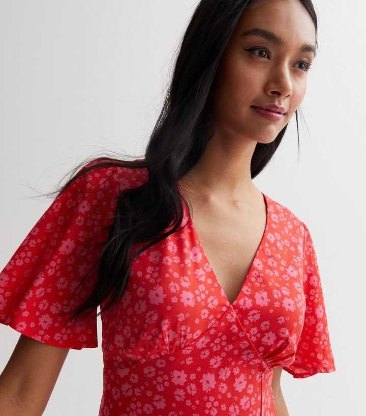 flowy-belted-ditsy-floral-short-sleeve-v-neck-midi-dress-Red-1