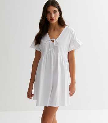 White Jersey Tie Front Mini Smock Dress