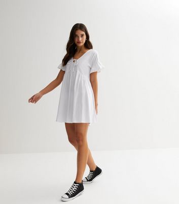 White Jersey Tie Front Mini Smock Dress New Look