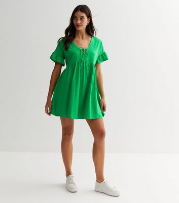 Green Jersey Tie Front Mini Smock Dress New Look