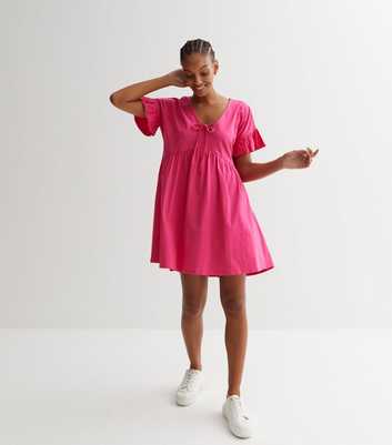 Bright Pink Jersey Tie Front Frill Sleeve Mini Smock Dress