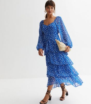 Blue Abstract Chiffon Ruched Tiered Midi Dress