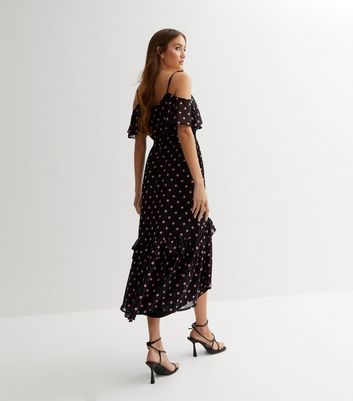 Black Spot Cold Shoulder Ruffle Midi Dress New Look