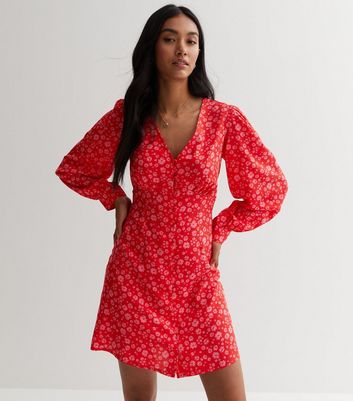 Red floral v neck hot sale dress