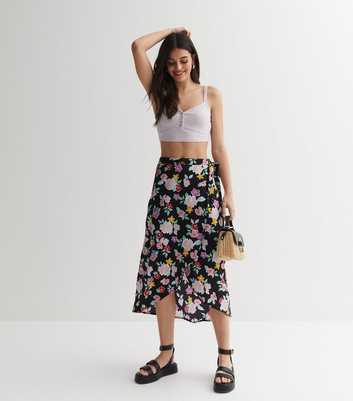 Black Floral Crepe Midi Wrap Skirt