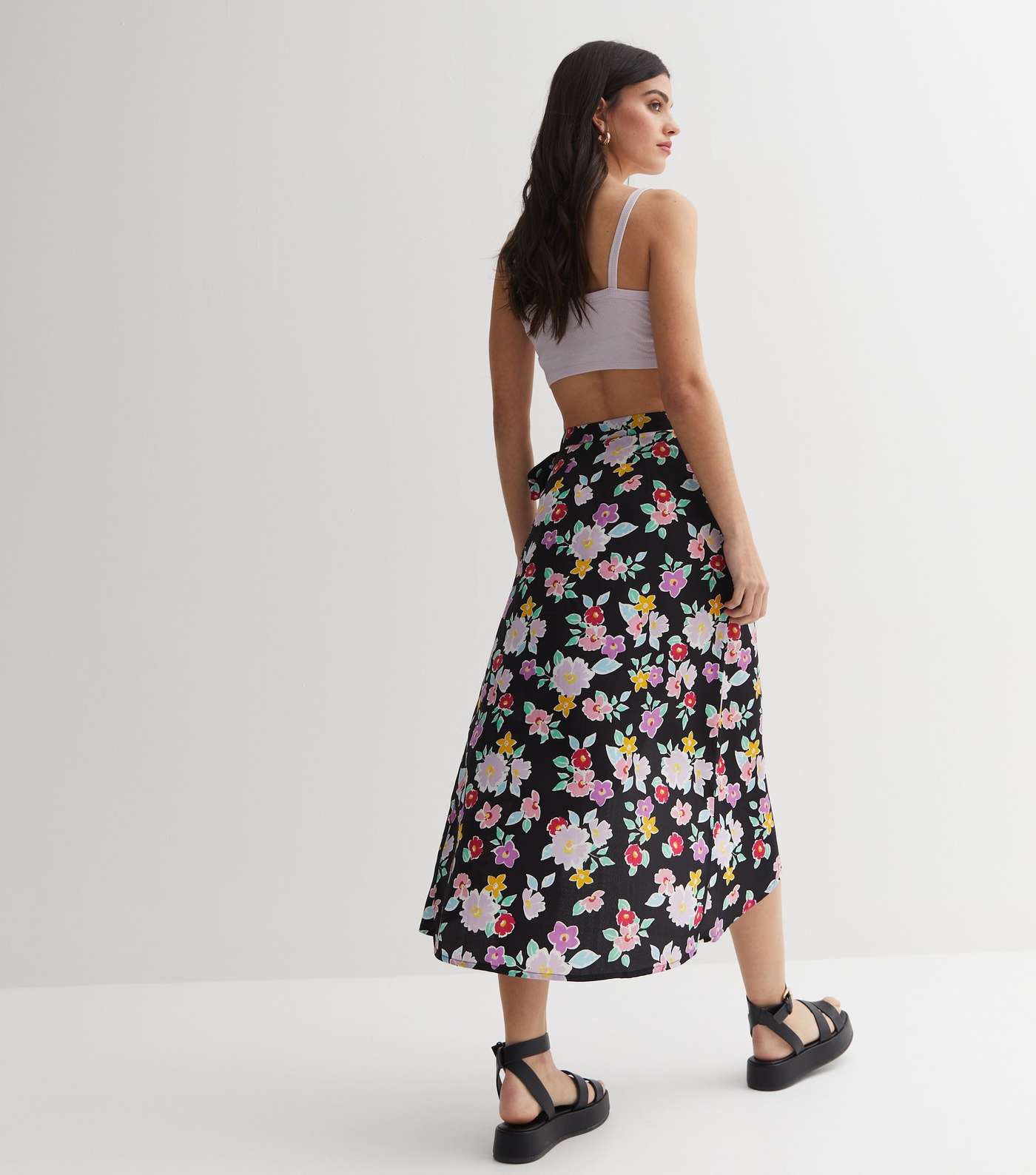 Black Floral Crepe Midi Wrap Skirt Image 6