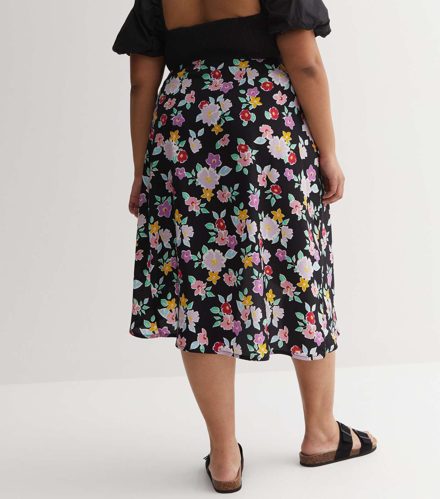 Black Floral Crepe Midi Wrap Skirt Image 8