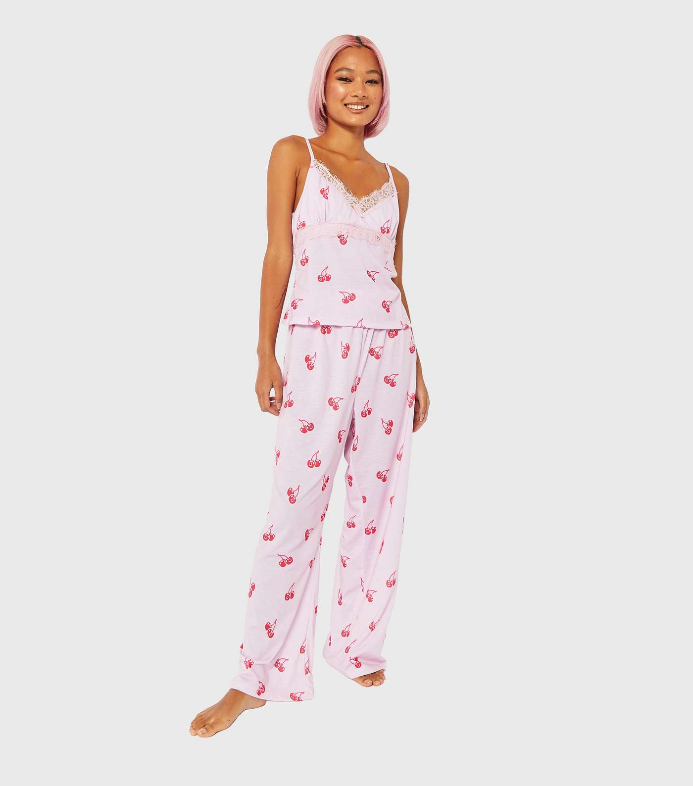 Skinnydip Pink Lace Trim Pyjama Set with Cherry Print Image 2