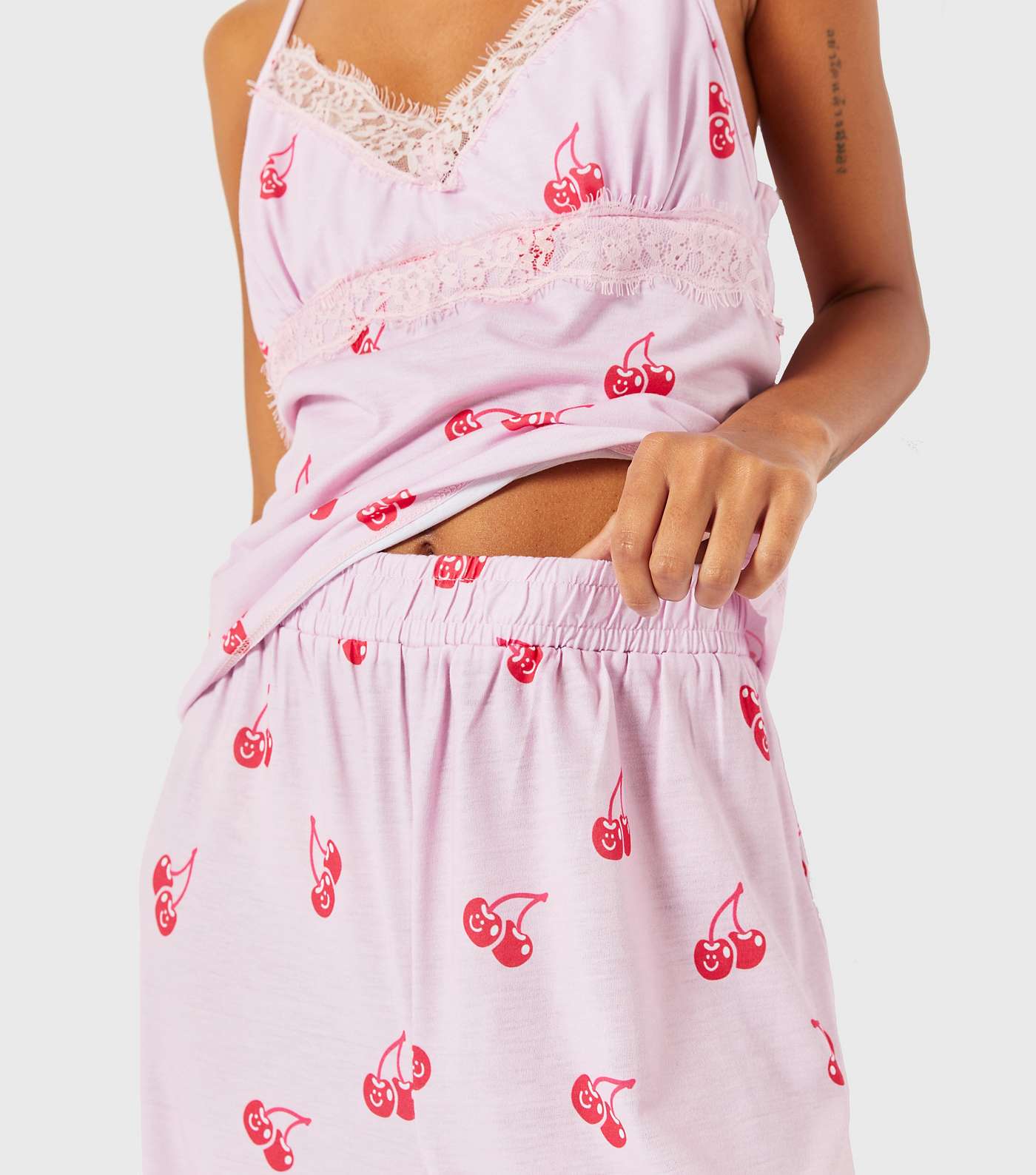 Skinnydip Pink Lace Trim Pyjama Set with Cherry Print Image 4