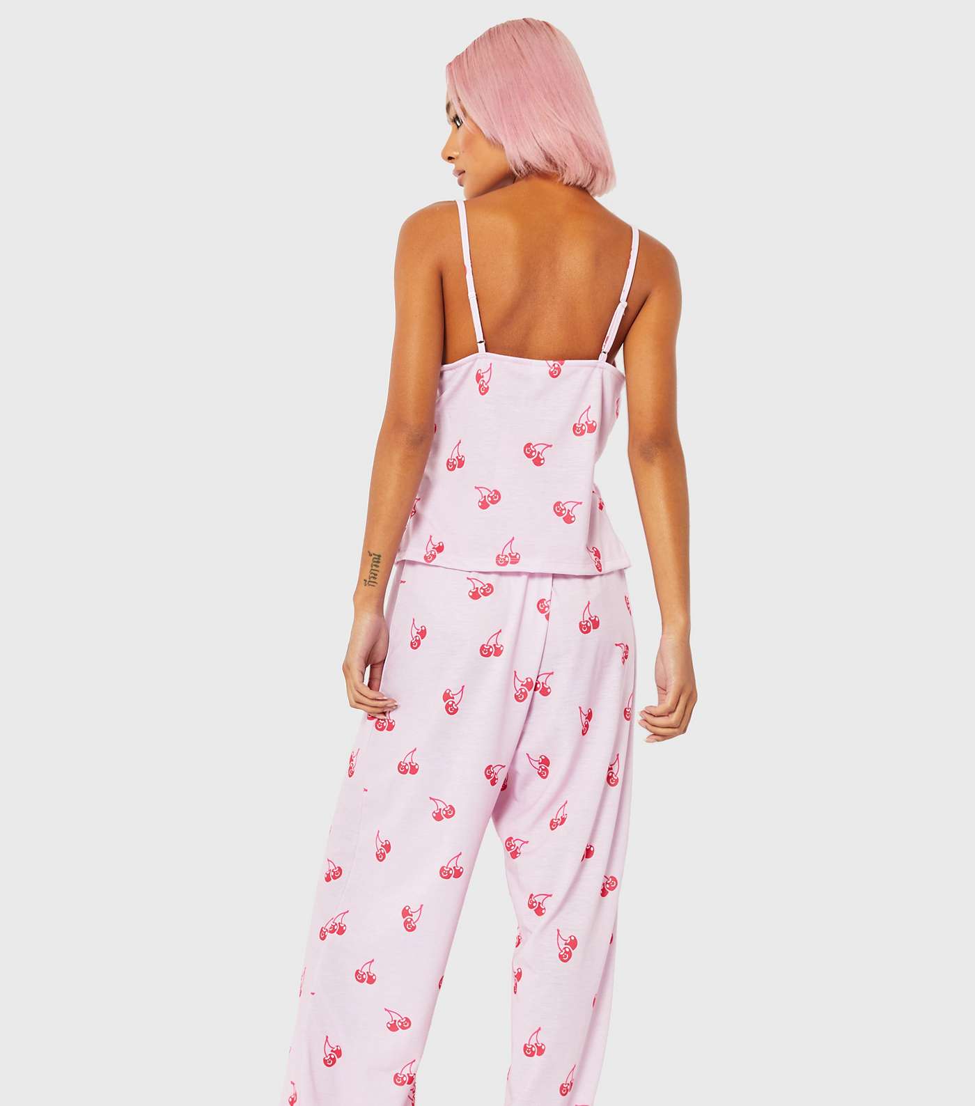 Skinnydip Pink Lace Trim Pyjama Set with Cherry Print Image 6