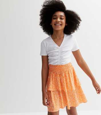 Girls Orange Ditsy Floral Shirred Tiered Skirt