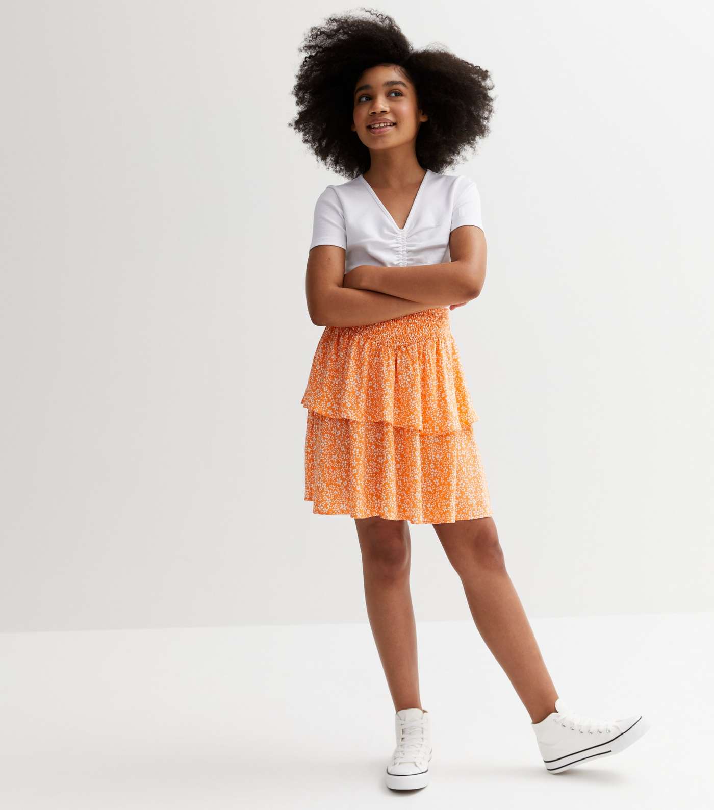 Girls Orange Ditsy Floral Shirred Tiered Skirt Image 3