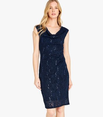 Apricot Navy Sequin Lace Cowl Neck Mini Bodycon Dress | New Look