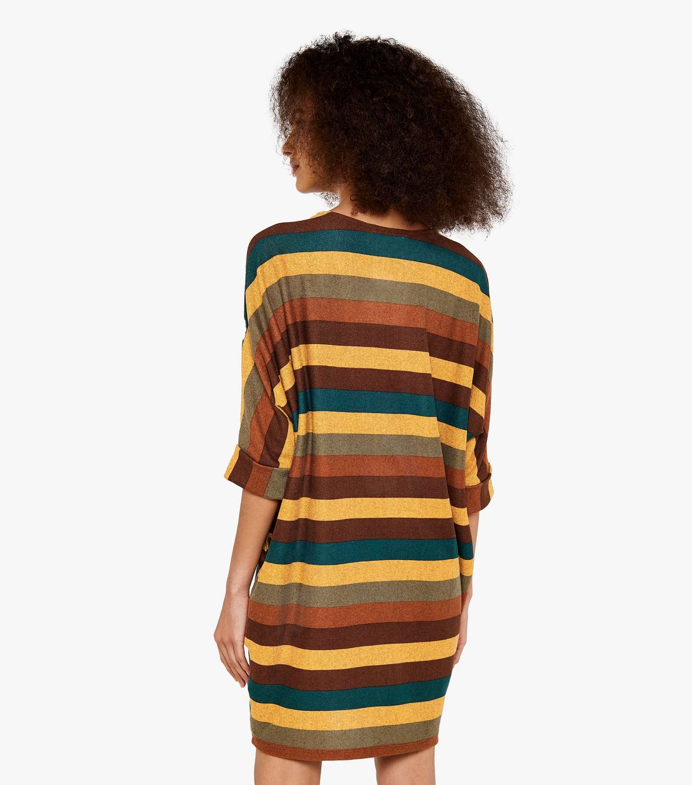 Apricot Khaki Stripe Fine Knit 3/4 Batwing Sleeve Mini Dress Image 3