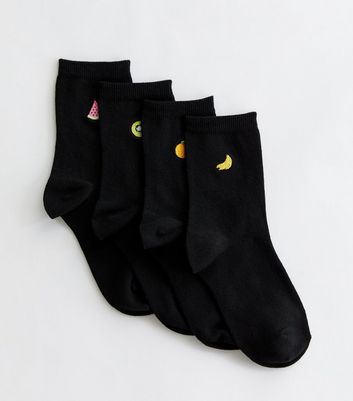 4 Pack Black Fruit Motif Socks