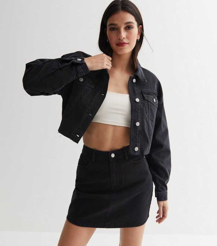 Black Denim Frayed Boxy Crop Jacket