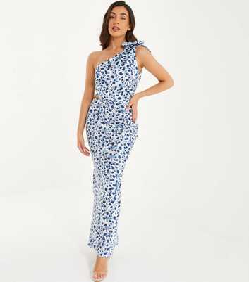 QUIZ Petite Pale Blue Leopard Print One Shoulder Midaxi Dress