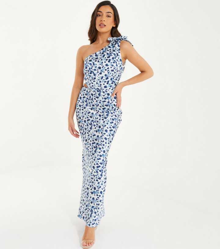 QUIZ Petite Pale Blue Leopard Print One Shoulder Maxi Dress | New Look