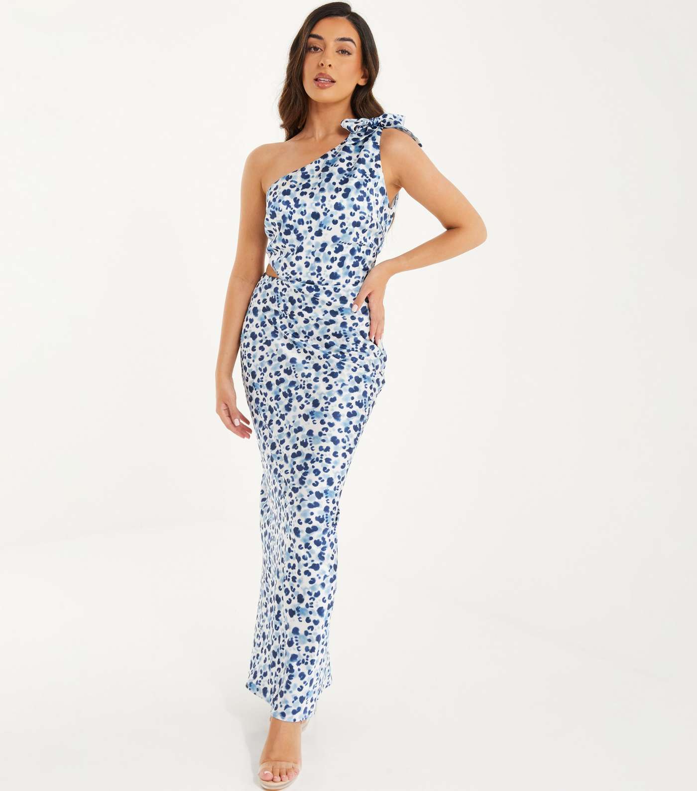 QUIZ Petite Pale Blue Leopard Print One Shoulder Maxi Dress