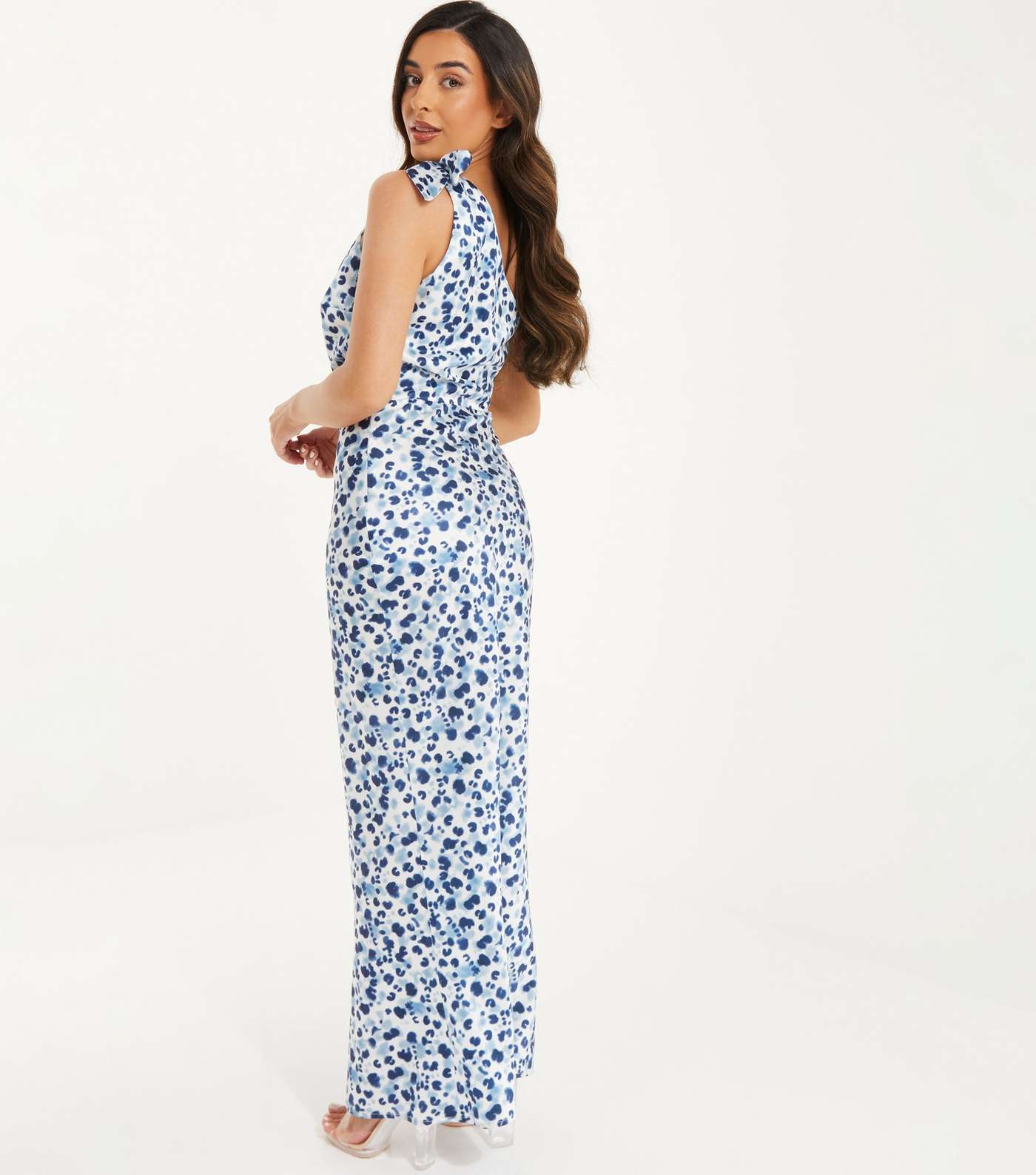 QUIZ Petite Pale Blue Leopard Print One Shoulder Maxi Dress Image 3