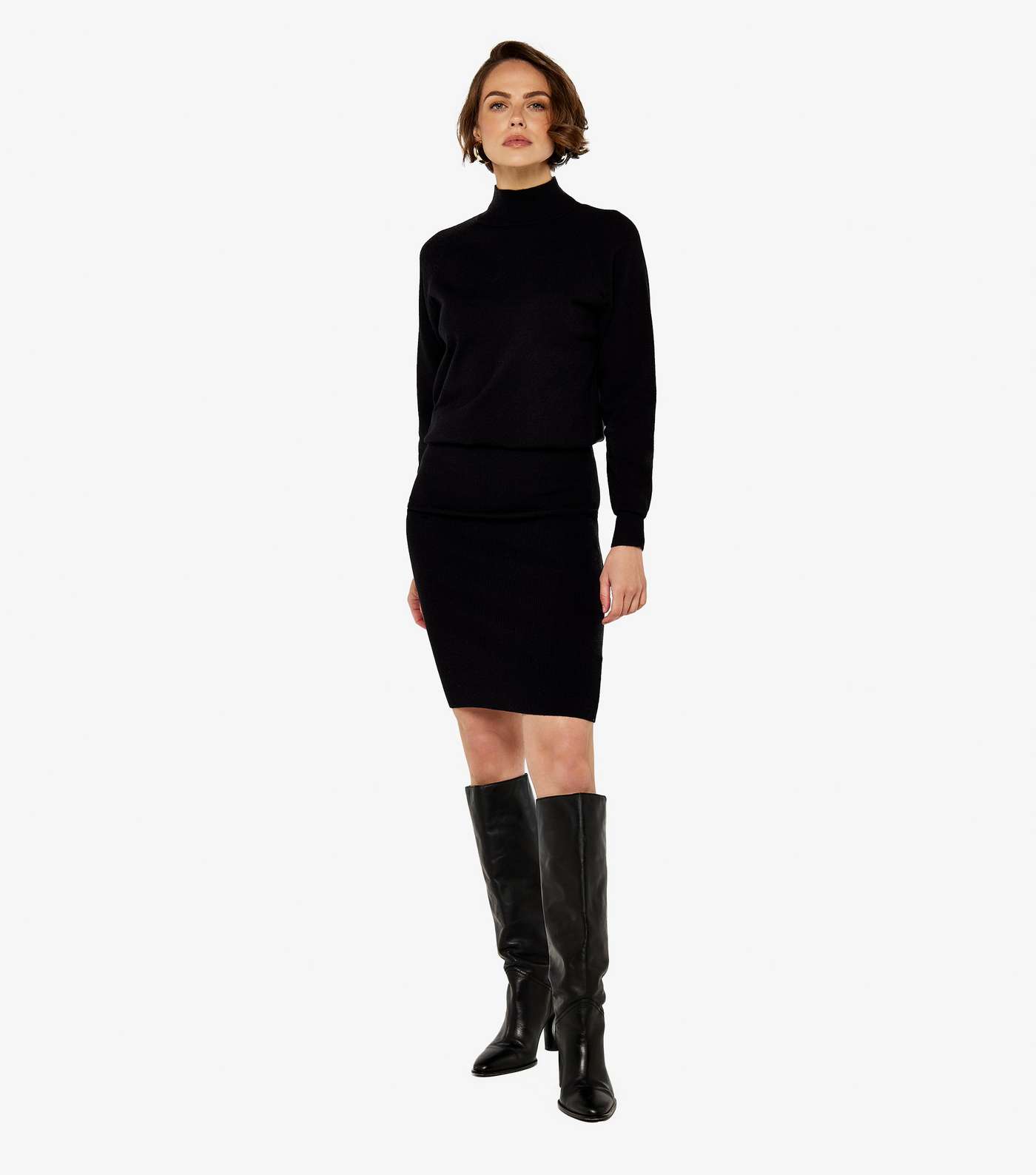 Apricot Black Knit High Neck Long Sleeve Midi Dress Image 2