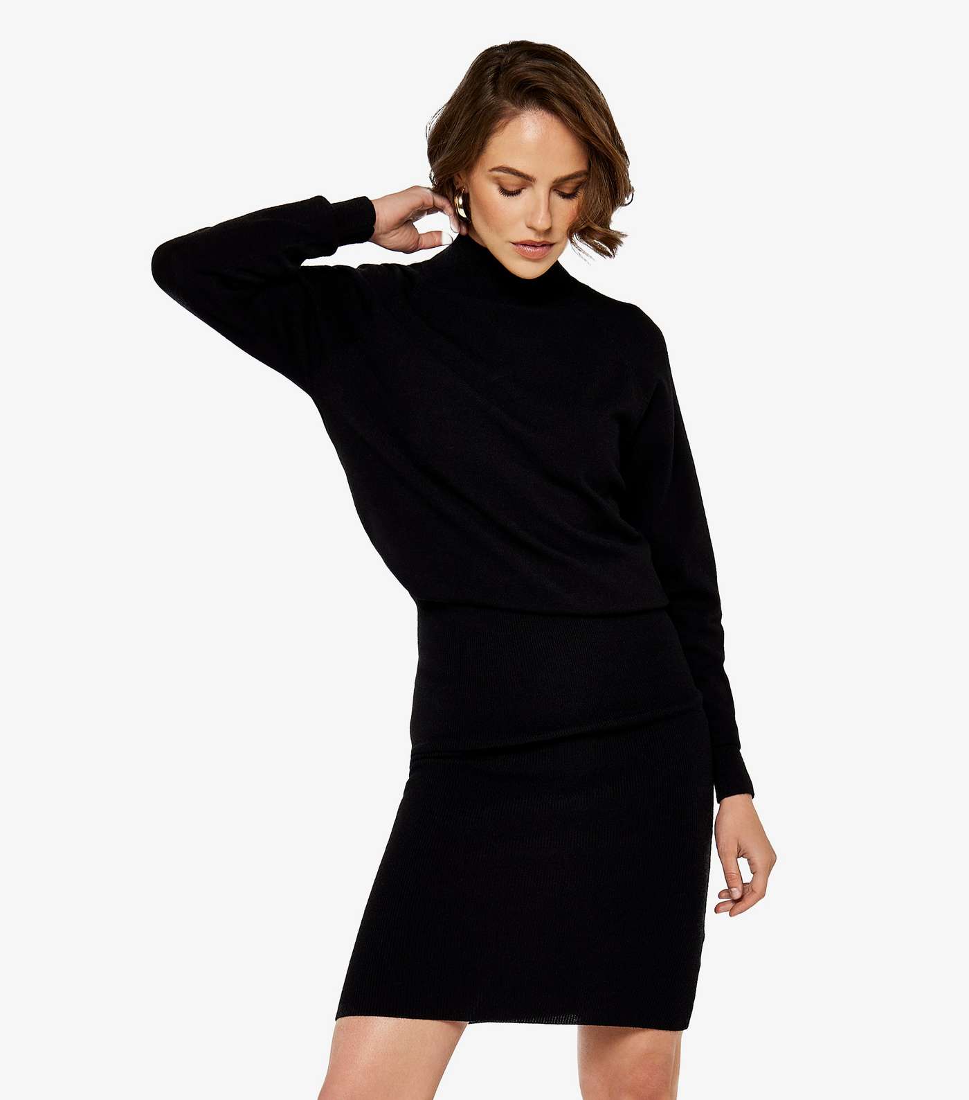 Apricot Black Knit High Neck Long Sleeve Midi Dress Image 4