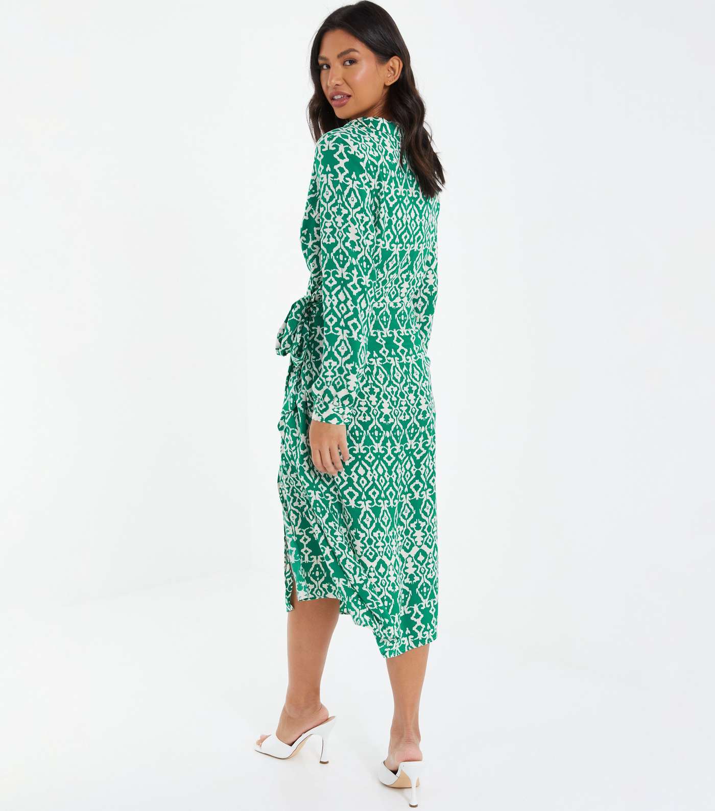 QUIZ Light Green Abstract Midi Wrap Shirt Dress Image 3
