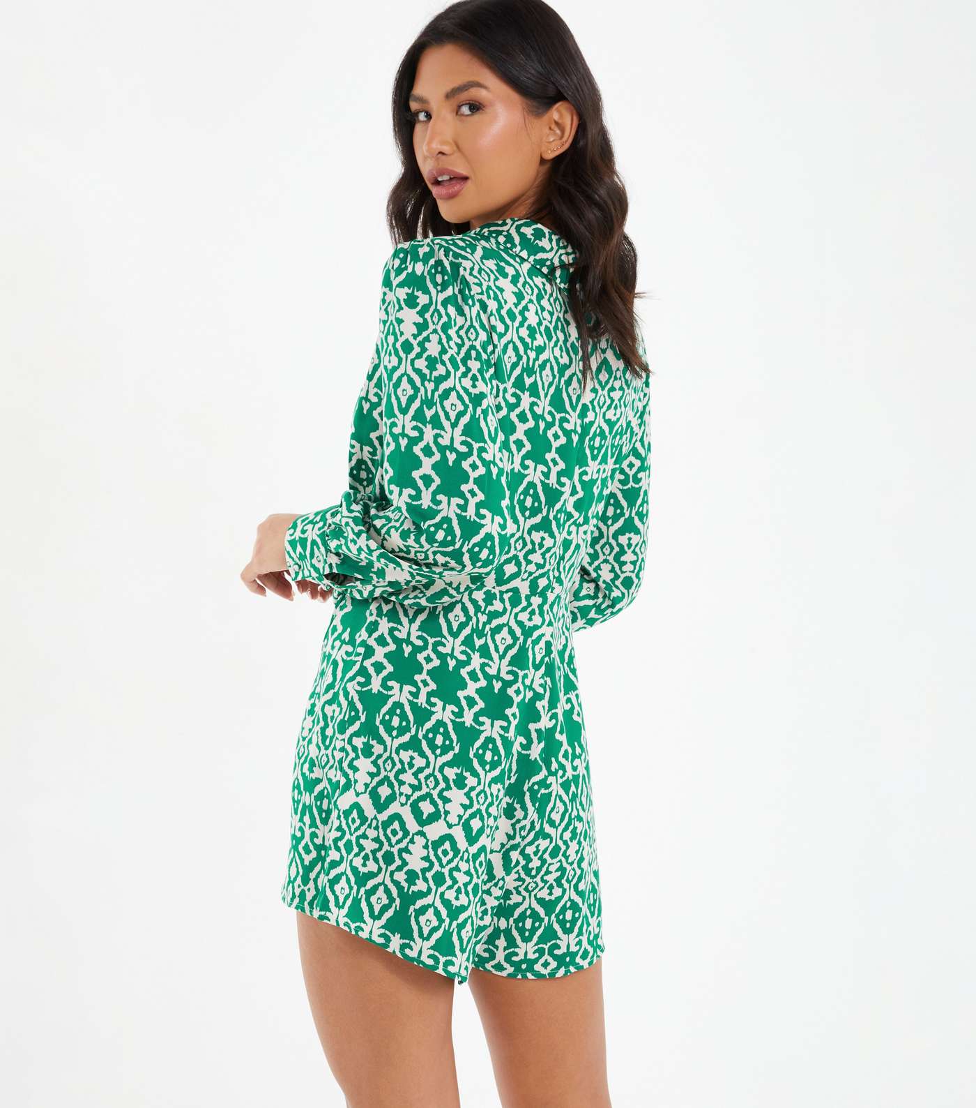 QUIZ Light Green Abstract Ruched Wrap Playsuit Image 3