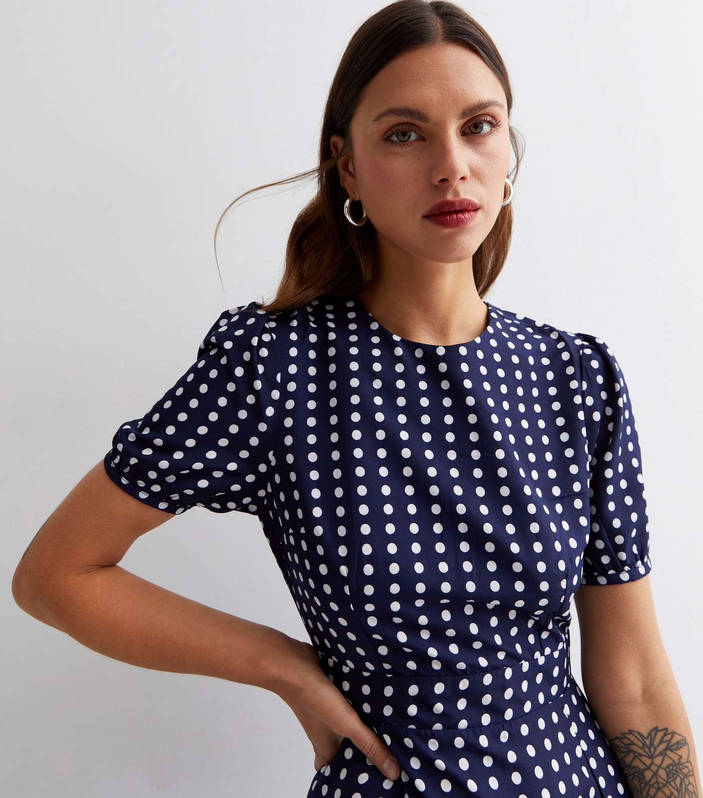 Cutie London Navy Polka Dot Round Neck Puff Sleeve Maxi Dress Image 2