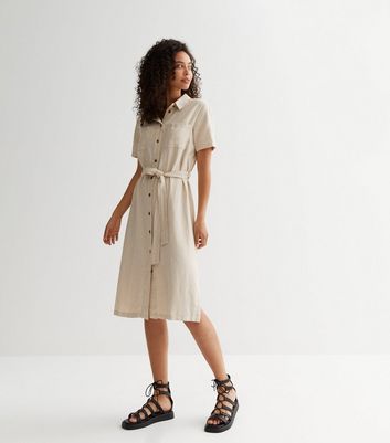 JDY Stone Linen Blend Tie Waist Midi Shirt Dress | New Look
