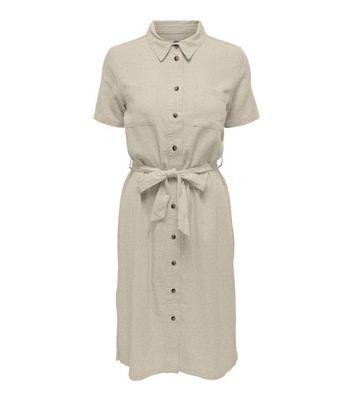 JDY Stone Linen Blend Tie Waist Midi Shirt Dress New Look