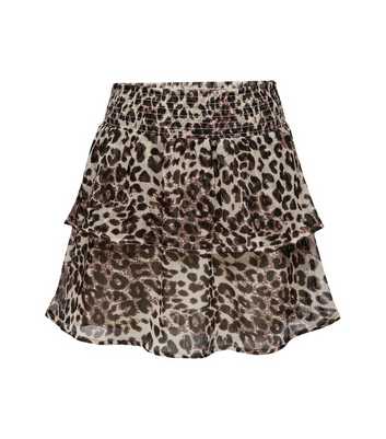 JDY Brown Leopard Print Chiffon Shirred Tiered Mini Skirt