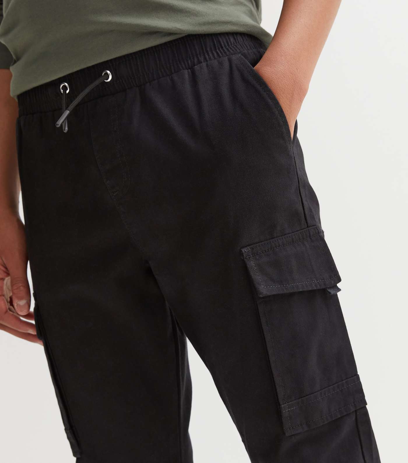 Boys Black Drawstring Cuffed Cargo Trousers Image 3