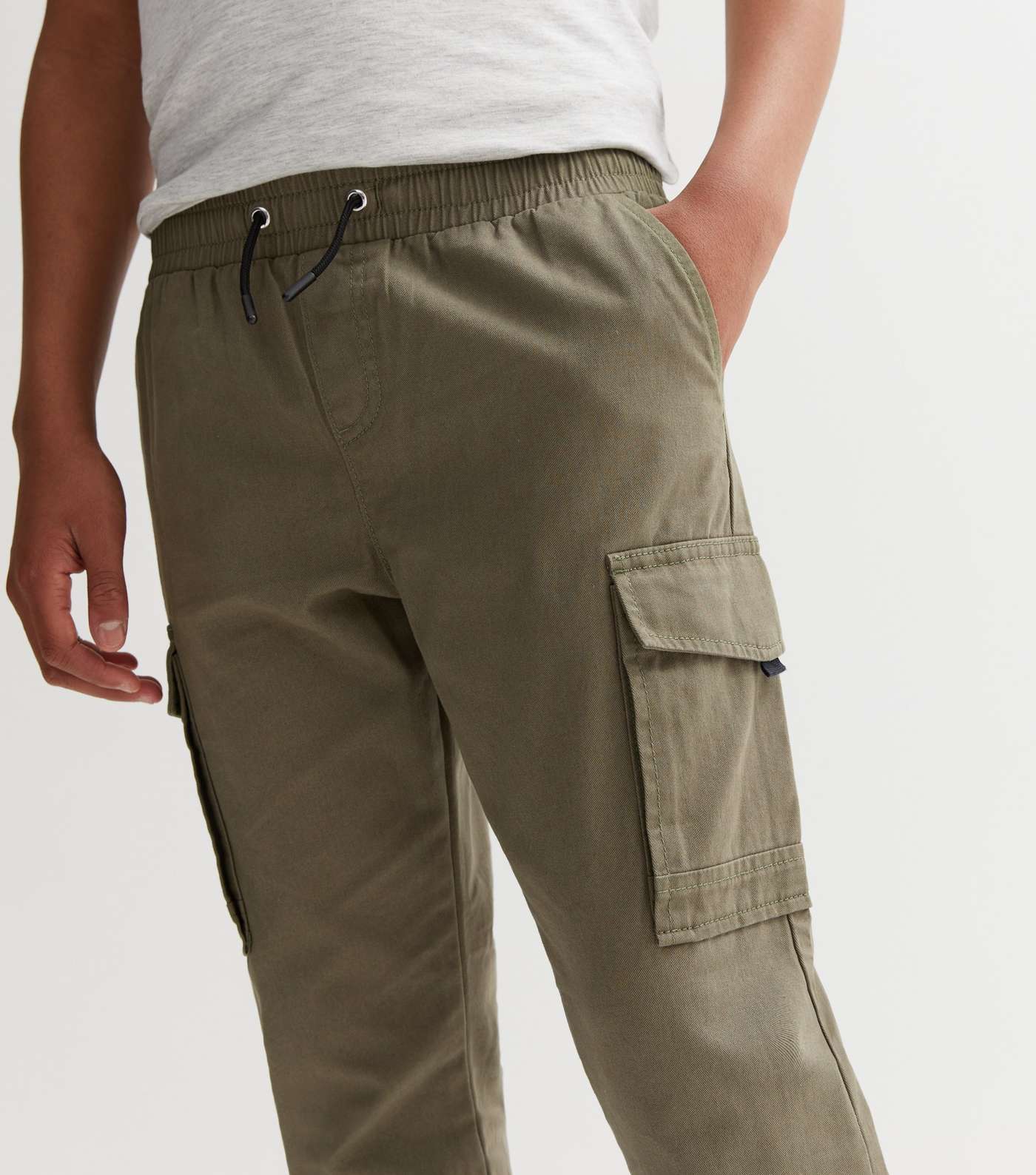 Boys Khaki Drawstring Cuffed Cargo Trousers Image 3