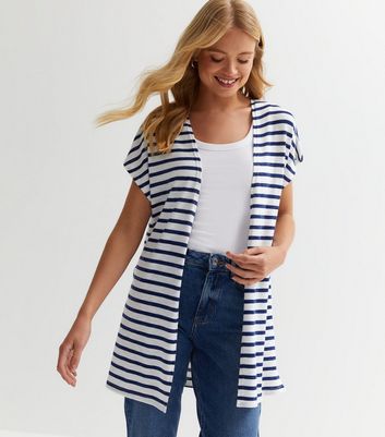 White Stripe Short Sleeve Longline Cardigan New Look